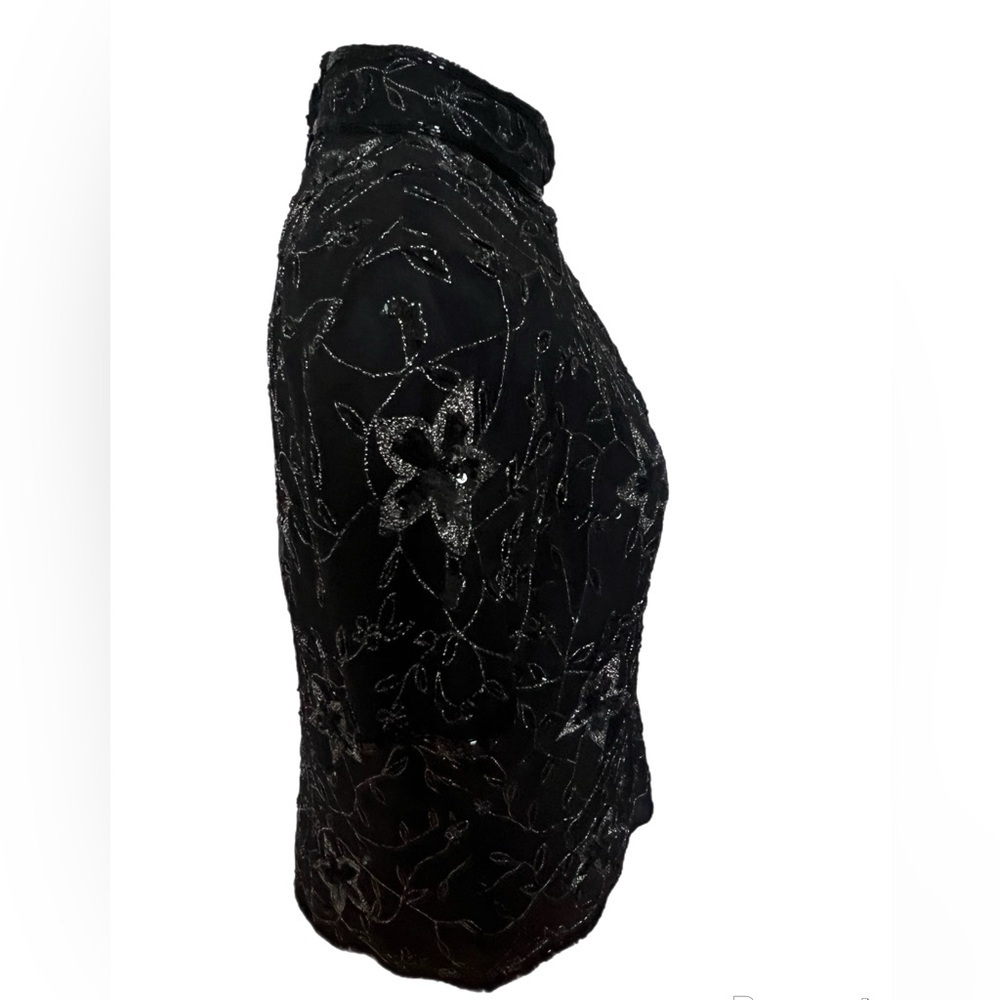 Papell Boutique Top Women’s Size XL Black Beaded Floral ShortSleeve Silk Lined - Picture 4 of 6